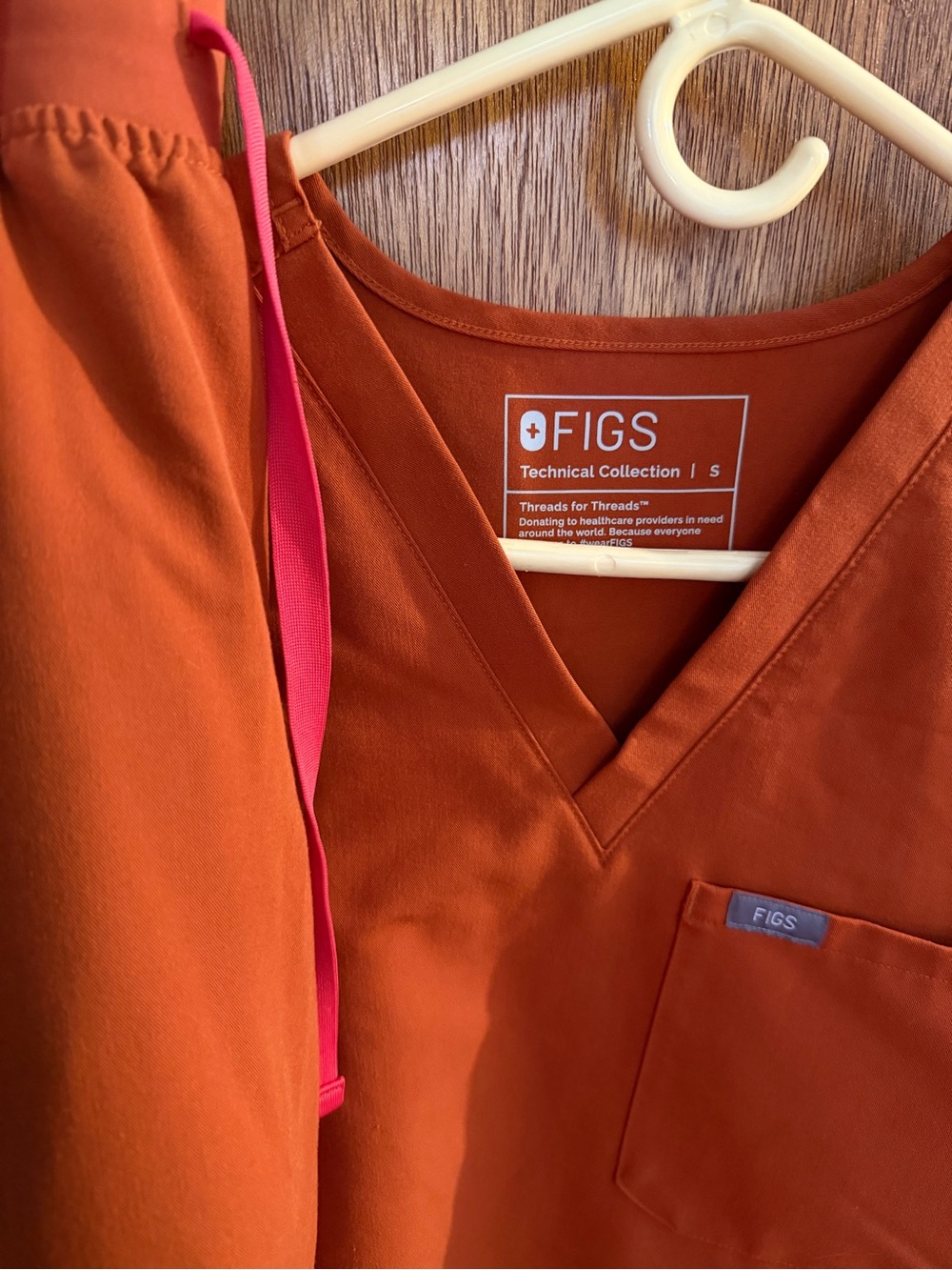 FIGS Women's V-Neck Tunic in Burnt Orange with Pink Drawcord